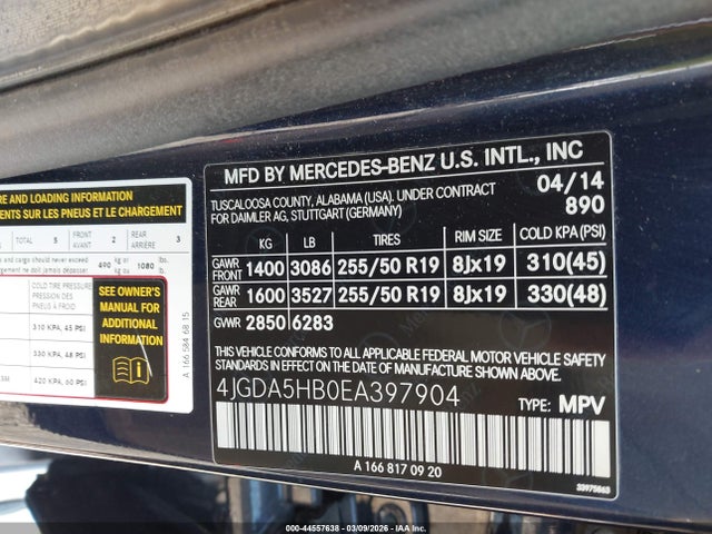 Продажа на аукционе авто 2014 Mercedes-benz Ml 350 4matic, vin: 4JGDA5HB0EA397904, номер лота: 44557638