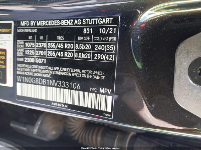 44557646 :رقم المزاد ، W1N0G8DB1NV333106 vin ، 2022 Mercedes-benz Glc 300 Suv مزاد بيع