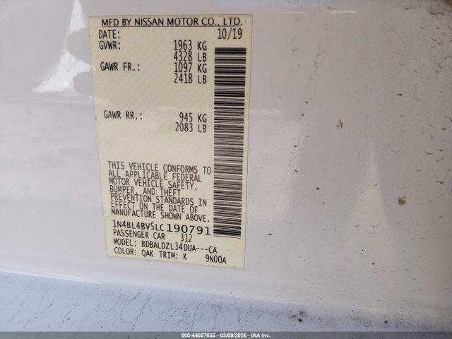 2020 Nissan Altima S Fwd მანქანა იყიდება აუქციონზე, vin: 1N4BL4BV5LC190791, აუქციონის ნომერი: 44557655