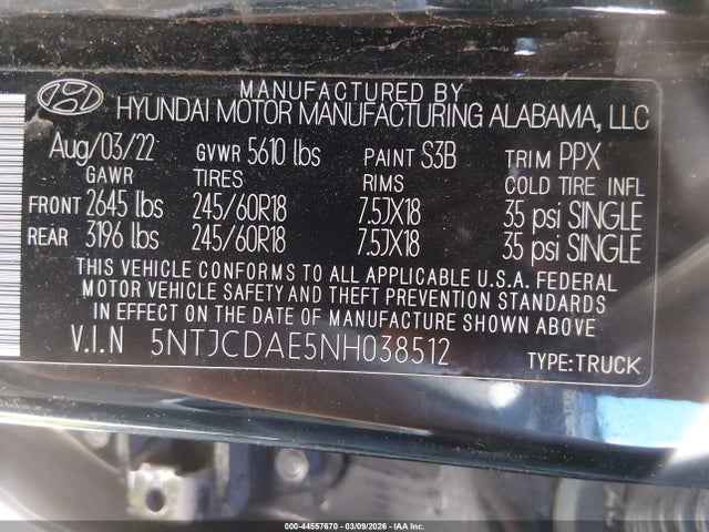 44557670 :رقم المزاد ، 5NTJCDAE5NH038512 vin ، 2022 Hyundai Santa Cruz Sel مزاد بيع