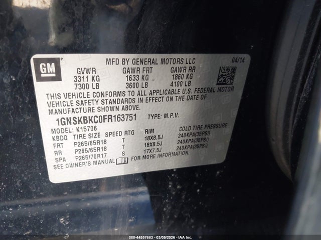 Продажа на аукционе авто 2015 Chevrolet Tahoe Lt, vin: 1GNSKBKC0FR163751, номер лота: 44557683