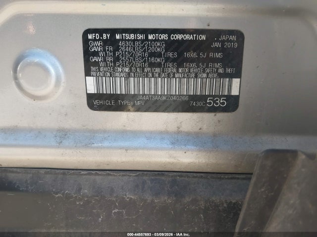 44557693 :رقم المزاد ، JA4AT3AA9KZ040266 vin ، 2019 Mitsubishi Eclipse Cross Es مزاد بيع