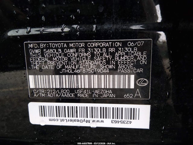 2007 Lexus Ls 460 L მანქანა იყიდება აუქციონზე, vin: JTHGL46F875019044, აუქციონის ნომერი: 44557699