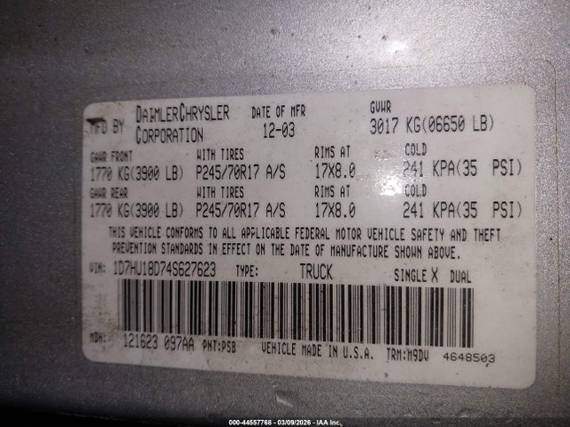 Aukcja sprzedaży 2004 Dodge Ram 1500 Slt/laramie, vin: 1D7HU18D74S627623, numer aukcji: 44557768