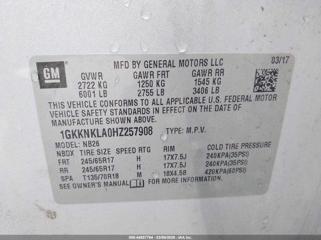 Продаж на аукціоні авто 2017 Gmc Acadia Sle-1, vin: 1GKKNKLA0HZ257908, номер лоту: 44557794
