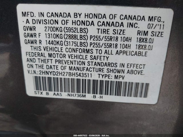 44557822 :رقم المزاد ، 2HNYD2H27BH543511 vin ، 2011 Acura Mdx مزاد بيع