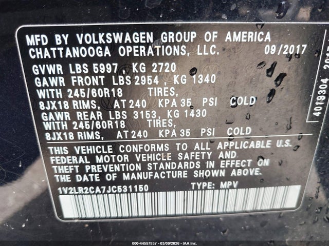 Aukcja sprzedaży 2018 Volkswagen Atlas Se, vin: 1V2LR2CA7JC531150, numer aukcji: 44557837