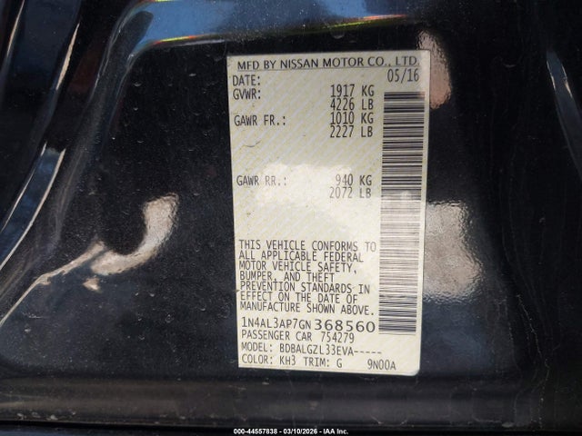 44557838 :رقم المزاد ، 1N4AL3AP7GN368560 vin ، 2016 Nissan Altima 2.5/2.5 S/2.5 Sl/2.5 Sr/2.5 Sv مزاد بيع