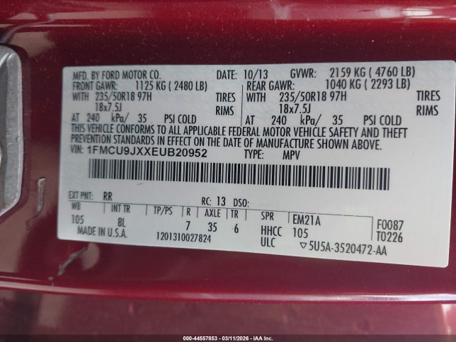 Продаж на аукціоні авто 2014 Ford Escape Titanium, vin: 1FMCU9JXXEUB20952, номер лоту: 44557853