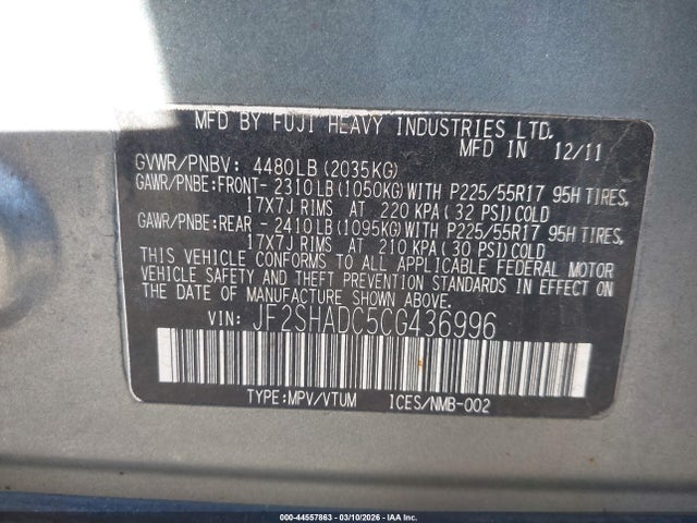 2012 Subaru Forester 2.5x Premium მანქანა იყიდება აუქციონზე, vin: JF2SHADC5CG436996, აუქციონის ნომერი: 44557863