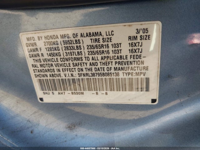 44557868 :رقم المزاد ، 5FNRL38795B085138 vin ، 2005 Honda Odyssey Ex-l مزاد بيع