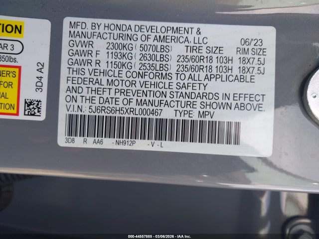 44557885 :رقم المزاد ، 5J6RS6H5XRL000467 vin ، 2024 Honda Cr-v Hybrid Sport مزاد بيع