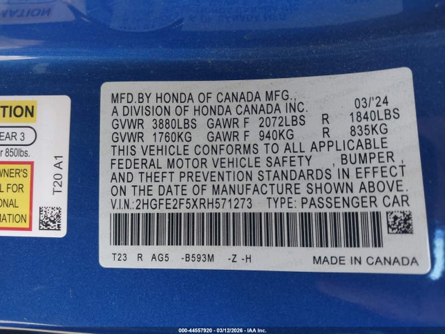 Продаж на аукціоні авто 2024 Honda Civic Sport, vin: 2HGFE2F5XRH571273, номер лоту: 44557920