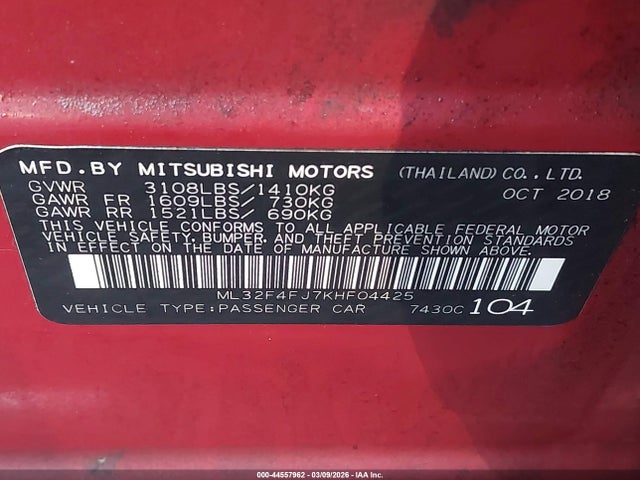 Продаж на аукціоні авто 2019 Mitsubishi Mirage G4 Se, vin: ML32F4FJ7KHF04425, номер лоту: 44557962