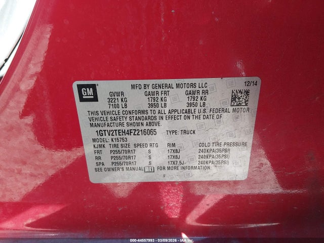 Продаж на аукціоні авто 2015 Gmc Sierra 1500, vin: 1GTV2TEH4FZ216065, номер лоту: 44557993
