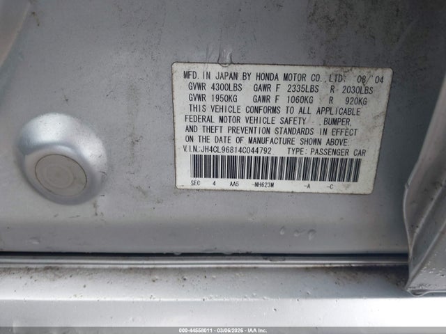 2004 Acura Tsx მანქანა იყიდება აუქციონზე, vin: JH4CL96814C044792, აუქციონის ნომერი: 44558011