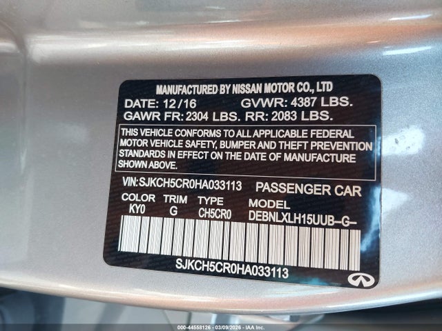 Продаж на аукціоні авто 2017 Infiniti Qx30 Luxury, vin: SJKCH5CR0HA033113, номер лоту: 44558126