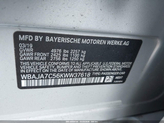 44558144 :رقم المزاد ، WBAJA7C56KWW37618 vin ، 2019 Bmw 530i Xdrive مزاد بيع
