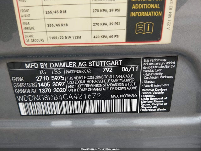 44558161 :رقم المزاد ، WDDNG8DB4CA421672 vin ، 2012 Mercedes-benz S 350 Bluetec 4matic مزاد بيع