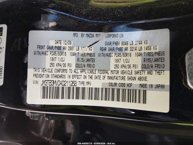44558174 :رقم المزاد ، JM3TB3MV0A0211268 vin ، 2010 Mazda Cx-9 Touring مزاد بيع