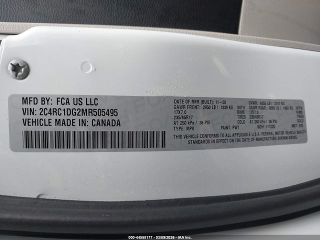 44558177 :رقم المزاد ، 2C4RC1DG2MR505495 vin ، 2021 Chrysler Voyager Lxi مزاد بيع