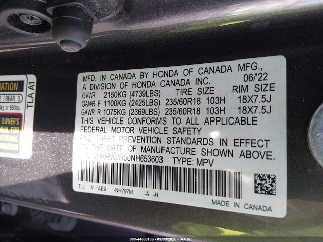 Aukcja sprzedaży 2022 Honda Cr-v Awd Ex, vin: 2HKRW2H50NH653603, numer aukcji: 44558188