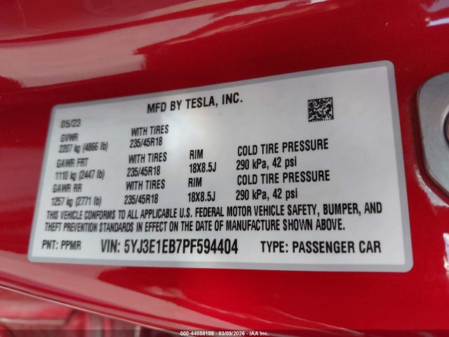 Продаж на аукціоні авто 2023 Tesla Model 3 Long Range Dual Motor All-wheel Drive, vin: 5YJ3E1EB7PF594404, номер лоту: 44558199