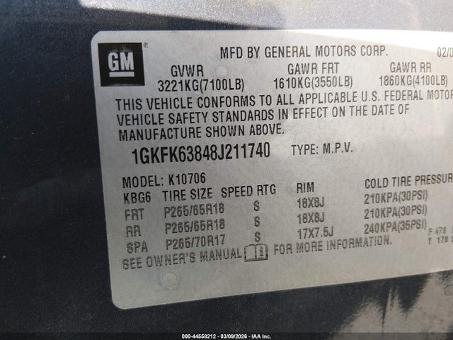 44558212 :رقم المزاد ، 1GKFK63848J211740 vin ، 2008 Gmc Yukon Denali مزاد بيع