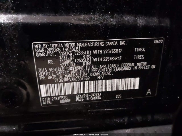 44558267 :رقم المزاد ، 2T3G1RFVXNC307568 vin ، 2022 Toyota Rav4 Le مزاد بيع