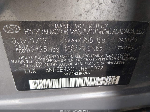 Aukcja sprzedaży 2013 Hyundai Sonata Gls, vin: 5NPEB4AC7DH615072, numer aukcji: 44558274