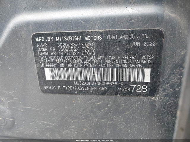 Продаж на аукціоні авто 2022 Mitsubishi Mirage Es/le, vin: ML32AUHJ7NH008635, номер лоту: 44558293