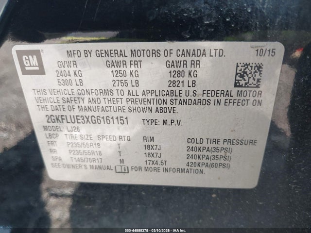 Продаж на аукціоні авто 2016 Gmc Terrain Slt, vin: 2GKFLUE3XG6161151, номер лоту: 44558375