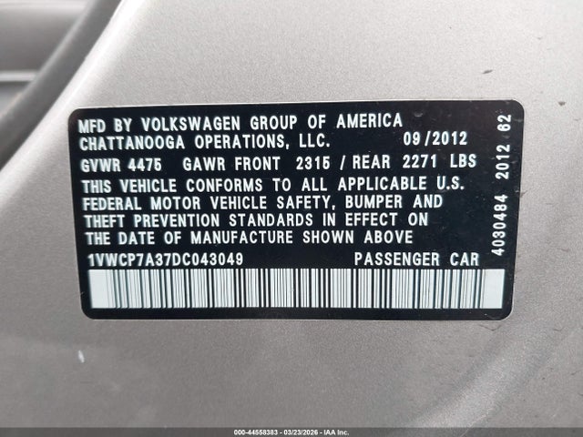 Продаж на аукціоні авто 2013 Volkswagen Passat 2.5l Sel Premium, vin: 1VWCP7A37DC043049, номер лоту: 44558383