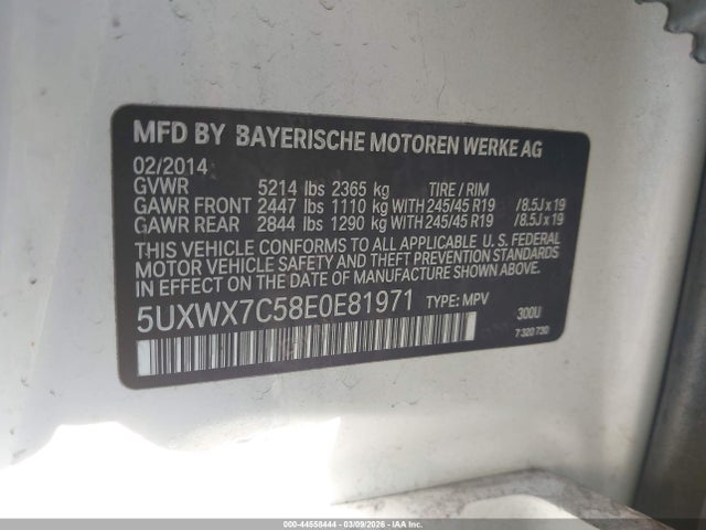 44558444 :رقم المزاد ، 5UXWX7C58E0E81971 vin ، 2014 Bmw X3 Xdrive35i مزاد بيع
