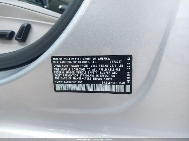 44558535 :رقم المزاد ، 1VWBT7A33HC061853 vin ، 2017 Volkswagen Passat 1.8t Se مزاد بيع