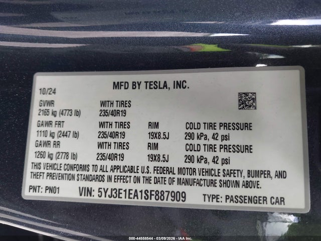 Продажа на аукционе авто 2025 Tesla Model 3 Long Range Rear-wheel Drive/standard Rear-wheel Drive, vin: 5YJ3E1EA1SF887909, номер лота: 44558544
