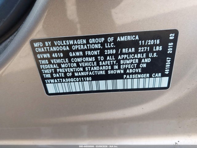 Aukcja sprzedaży 2016 Volkswagen Passat 1.8t S, vin: 1VWAT7A30GC011180, numer aukcji: 44558586