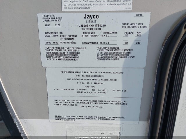 1UJBJ0BNXH1TB0219 Jayco Travel Trailer