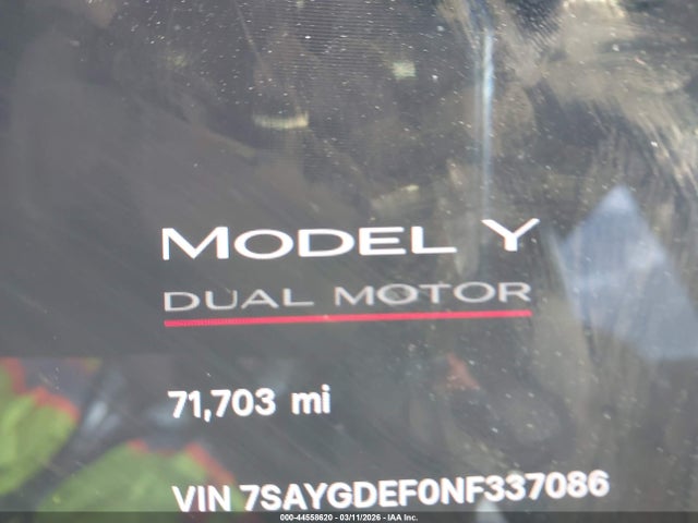 Aukcja sprzedaży 2022 Tesla Model Y Performance Dual Motor All-wheel Drive, vin: 7SAYGDEF0NF337086, numer aukcji: 44558620