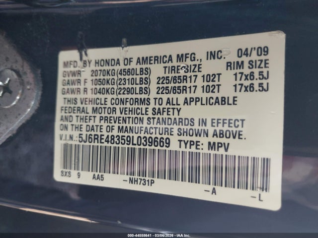 Продажа на аукционе авто 2009 Honda Cr-v Lx, vin: 5J6RE48359L039669, номер лота: 44558641