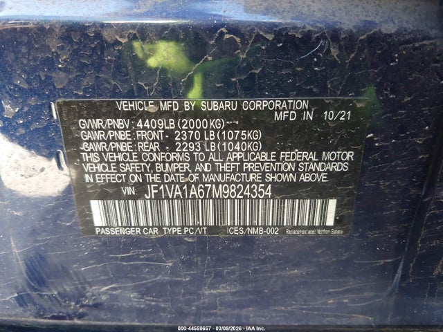 Aukcja sprzedaży 2021 Subaru Wrx, vin: JF1VA1A67M9824354, numer aukcji: 44558657