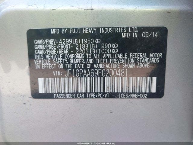 44558670 :رقم المزاد ، JF1GPAA69FG200481 vin ، 2015 Subaru Impreza 2.0i مزاد بيع