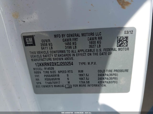Продаж на аукціоні авто 2012 Gmc Acadia Sl, vin: 1GKKRNEDXCJ293254, номер лоту: 44558709