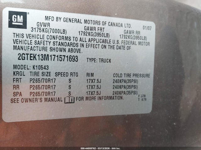 44558762 :رقم المزاد ، 2GTEK13M171571693 vin ، 2007 Gmc Sierra 1500 Sle1 مزاد بيع