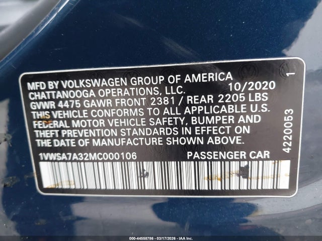 Продаж на аукціоні авто 2021 Volkswagen Passat 2.0t Se, vin: 1VWSA7A32MC000106, номер лоту: 44558786