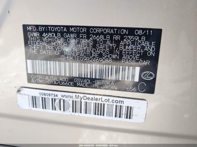 44558788 :رقم المزاد ، JTHBK1EG9B2469088 vin ، 2011 Lexus Es 350 مزاد بيع