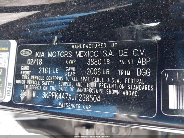 Продажа на аукционе авто 2018 Kia Forte Lx, vin: 3KPFK4A7XJE238504, номер лота: 44558791