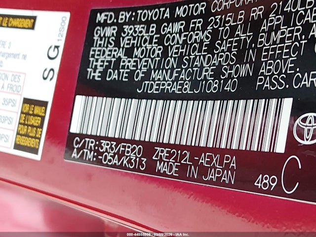 JTDEPRAE8LJ108140 Toyota COROLLA LE