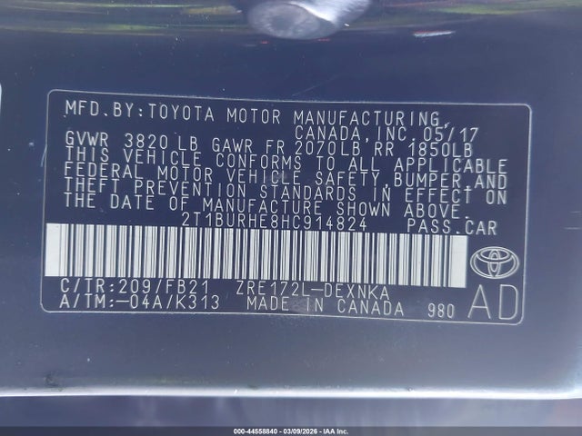 Toyota COROLLA LE 2017 2T1BURHE8HC914824 Image 9