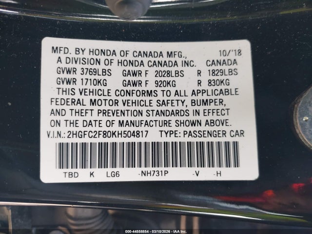 2019 Honda Civic Sport მანქანა იყიდება აუქციონზე, vin: 2HGFC2F80KH504817, აუქციონის ნომერი: 44558854